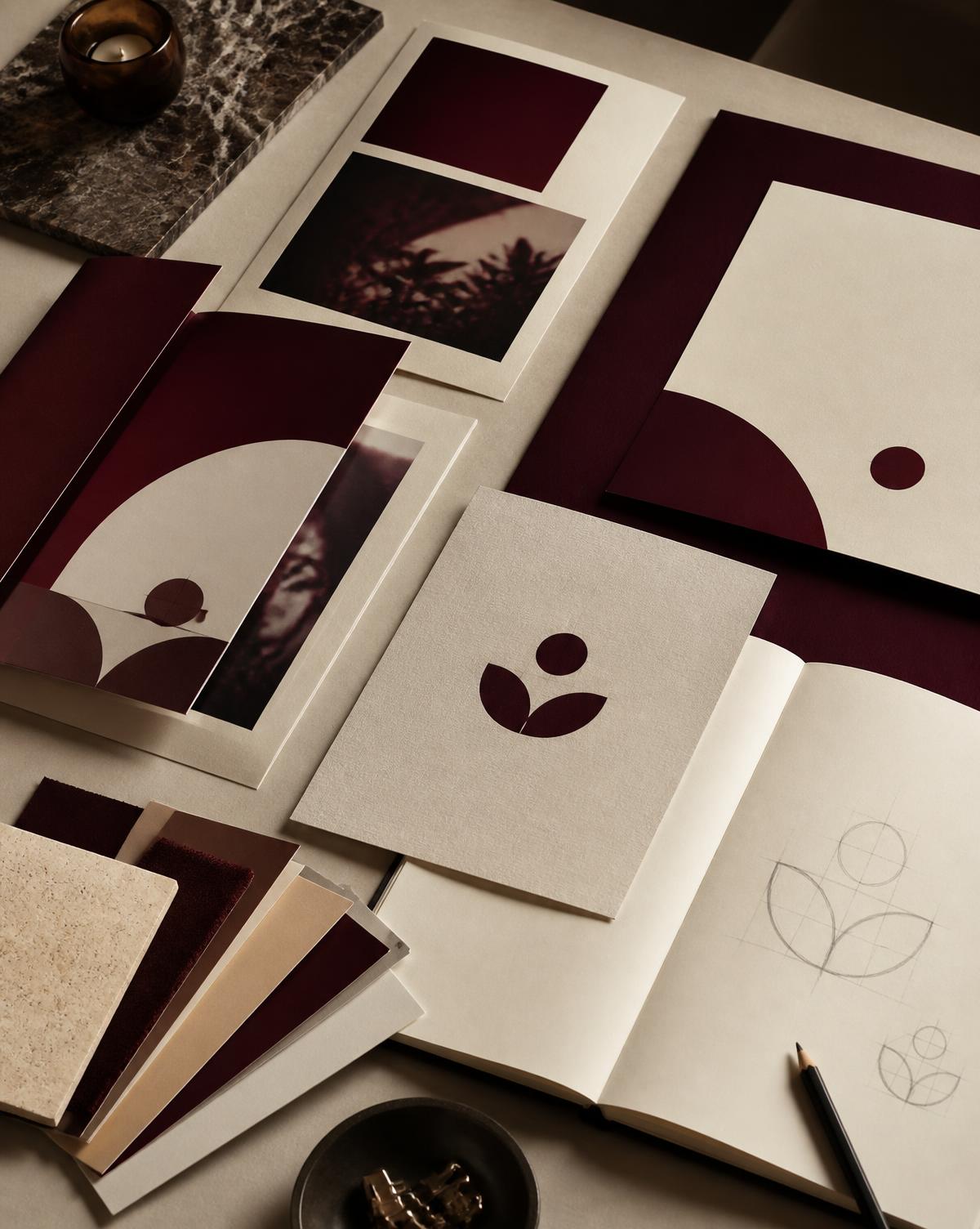 Designer's desk with burgundy and cream brand collateral and logo sketches