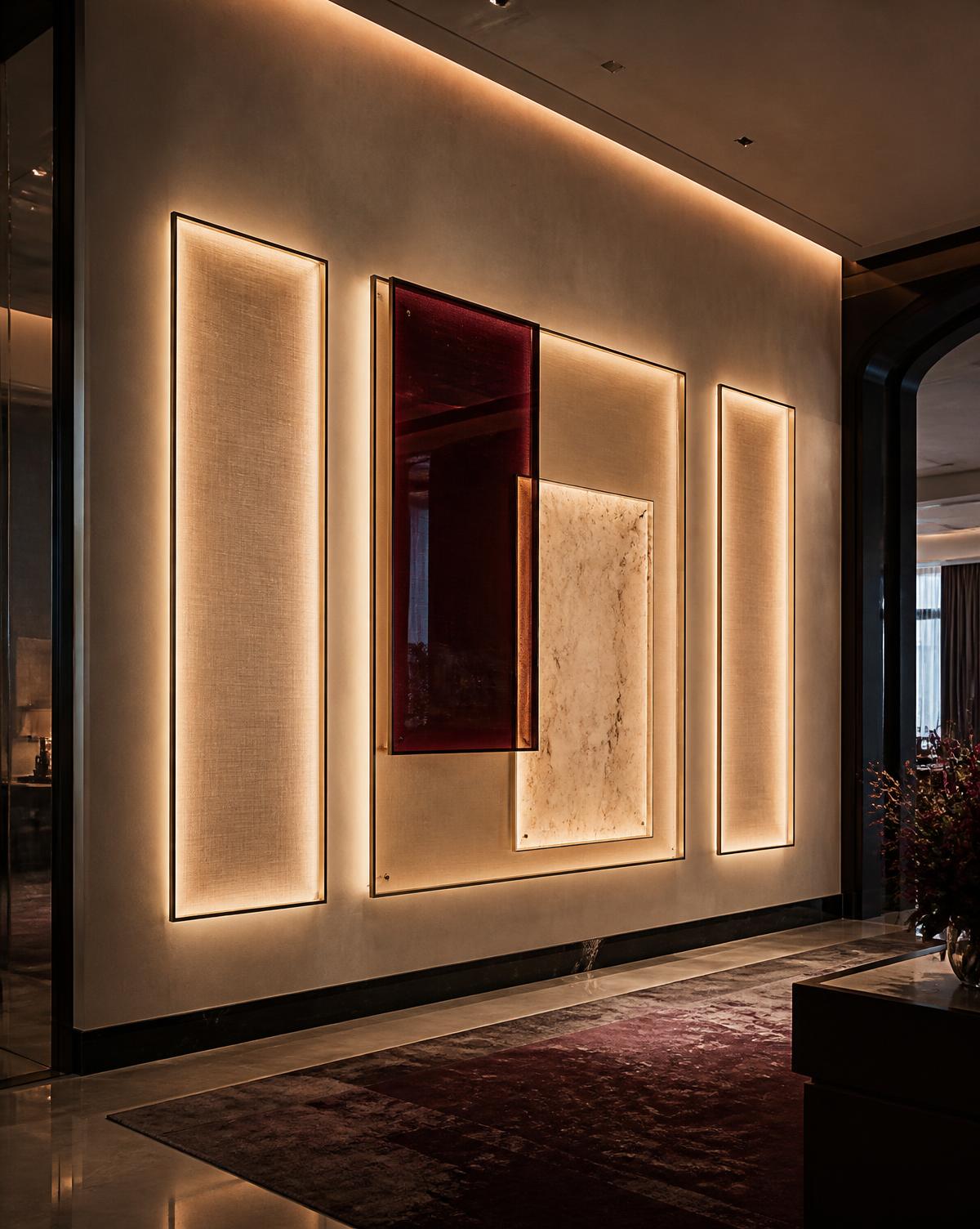 Backlit LED frame wall installation in a warm hotel interior