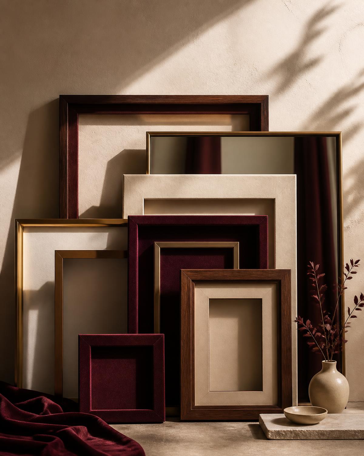 Premium wood, metal and velvet picture frames leaning against an ivory wall