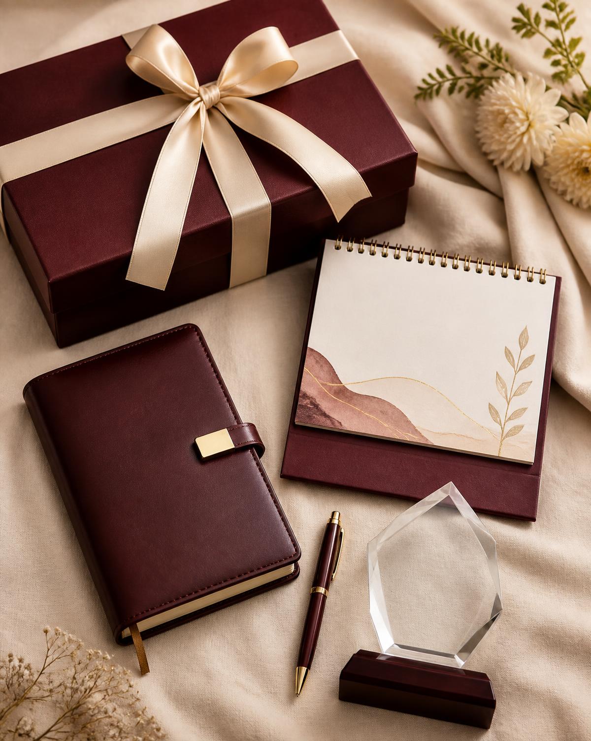 Burgundy corporate gift box with leather diary, calendar and crystal award