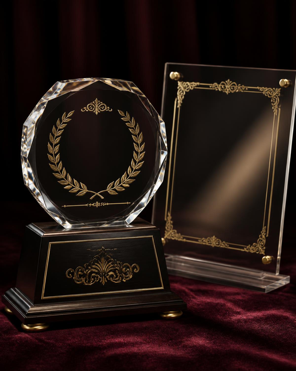 Crystal award on a dark wood base beside an acrylic certificate display on burgundy velvet