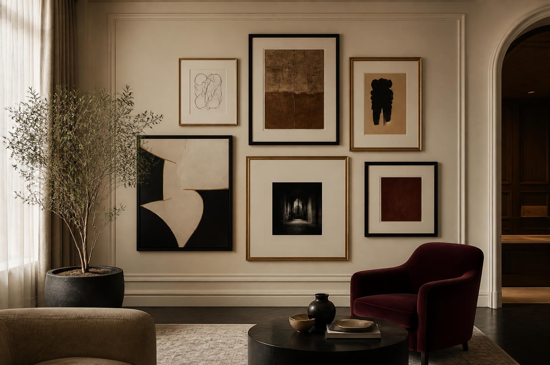 Curated gallery wall of framed artwork in a warm ivory lounge with a burgundy velvet chair