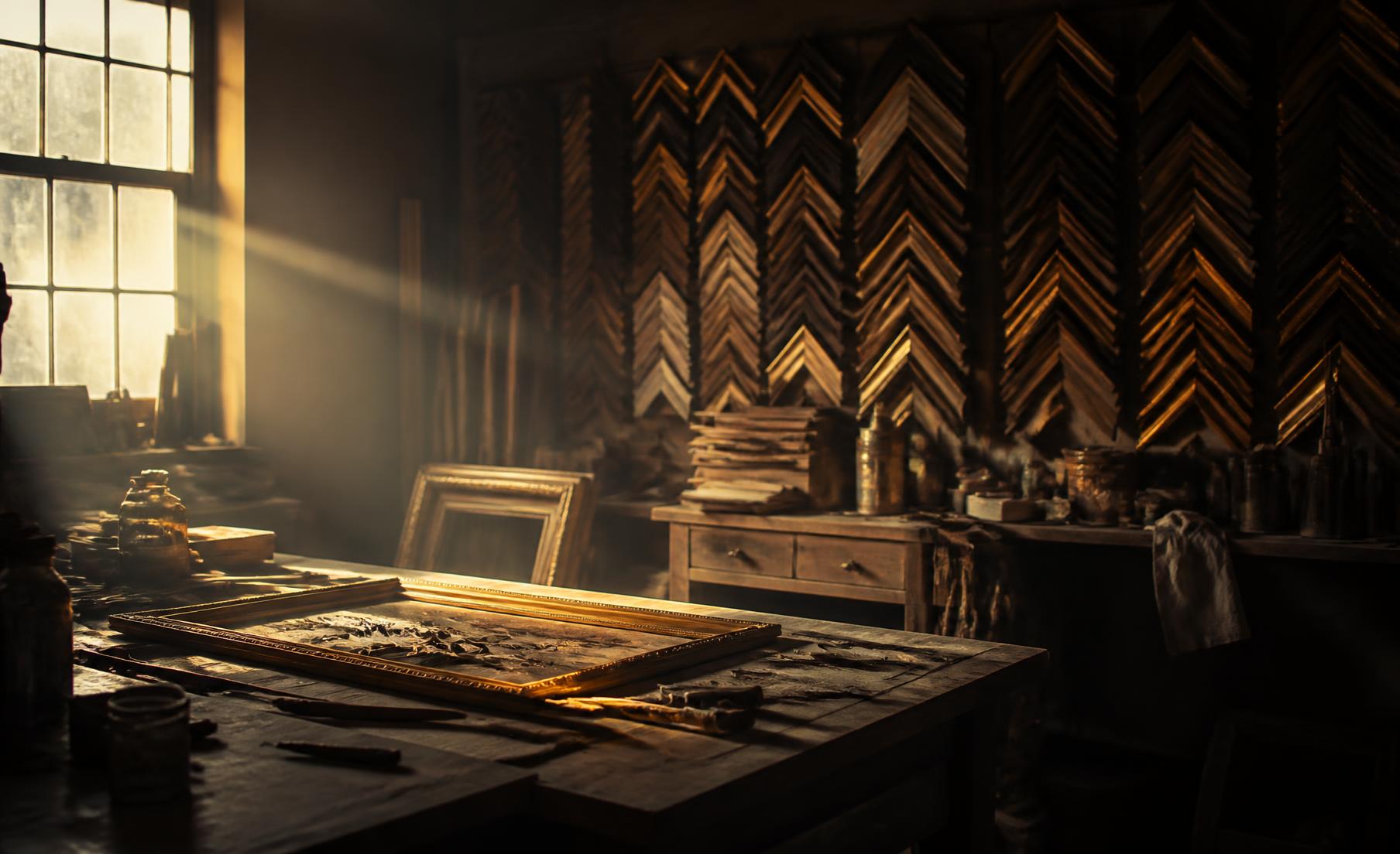Artisan framing workshop with mouldings racked along the wall in warm light
